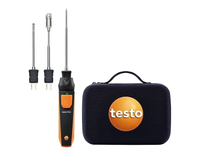 Set termómetro testo 915i con sondas de temperatura intercambiables (aire, penetración/inmersión y superficie) y Bluetooth.
